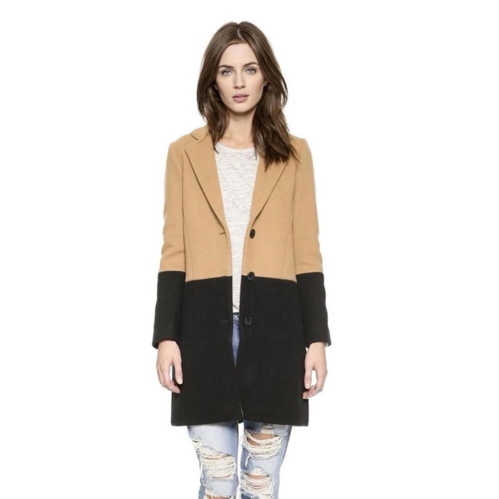 Madewell Women's Colorblocked Wool Long Overcoat Size 8 Camel Black